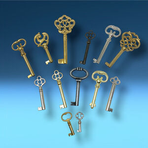 Lot 13 x Decorative Skeleton Keys Mixed Metals Brass Silver Crafting Steampunk